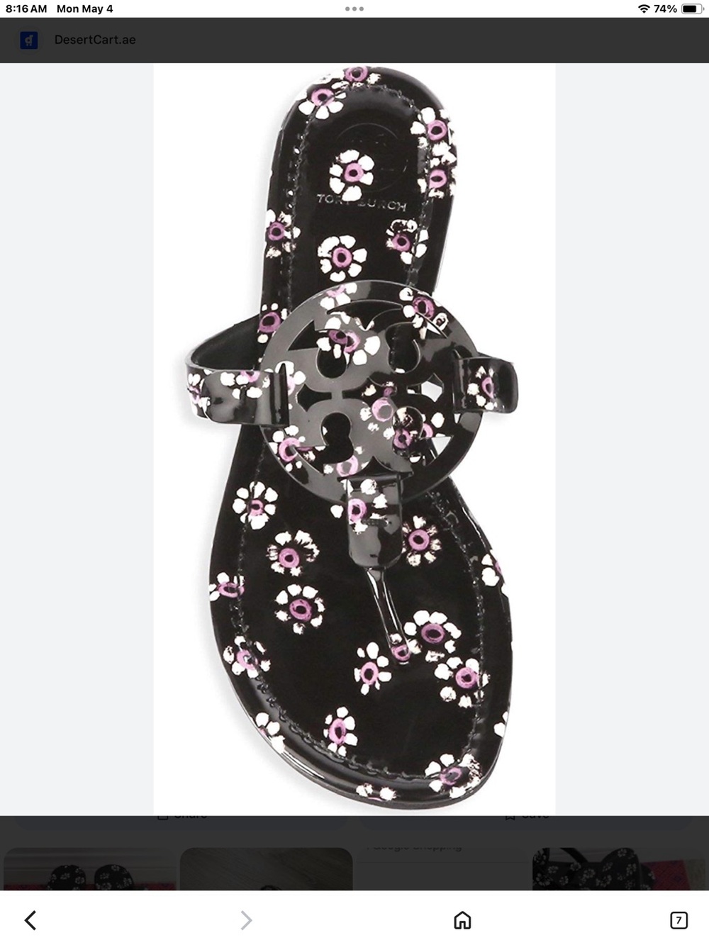 Tory Burch Leather Black Floral Miller Jelly Thong Sandal with Pink Accents